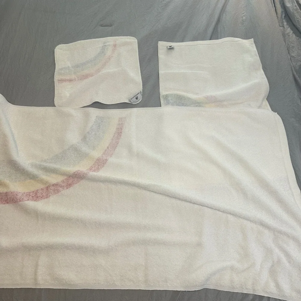 Vintage 70's Saturday Knight Rainbow Cloud Pride Towel Set 3pc White Retro Bath